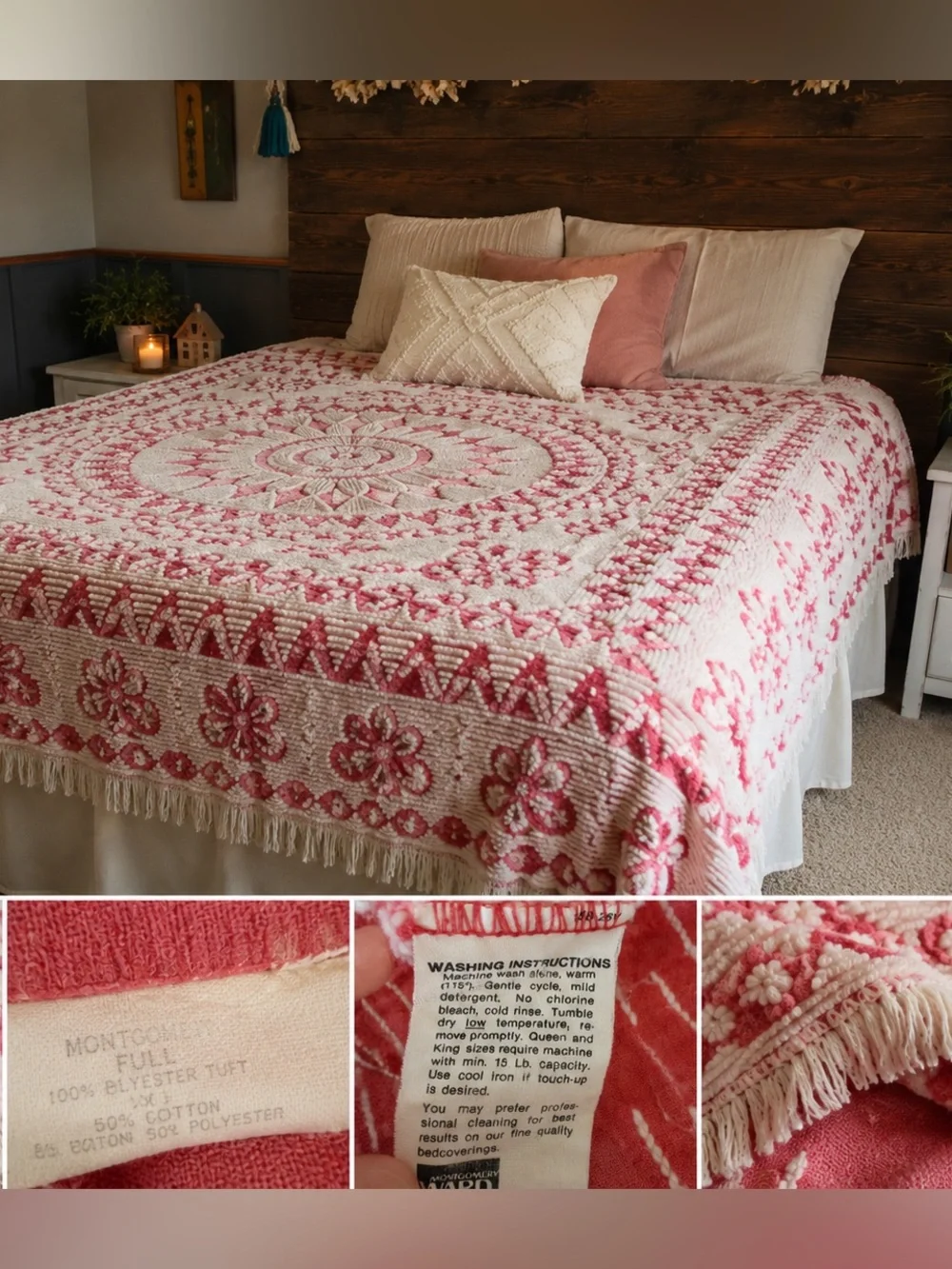 Vintage Montgomery Ward Pink White Chenille Bedspread Full USA Cottagecore